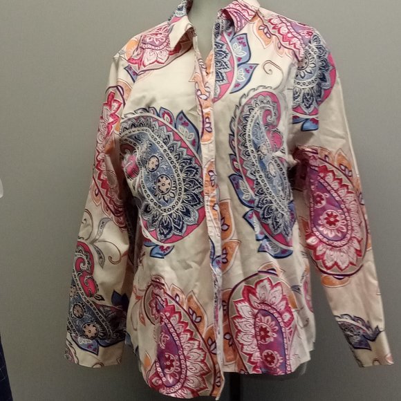 Chicos blouse no iron sateen caroline western paisley full button cream NWT sz 3 - Picture 2 of 4